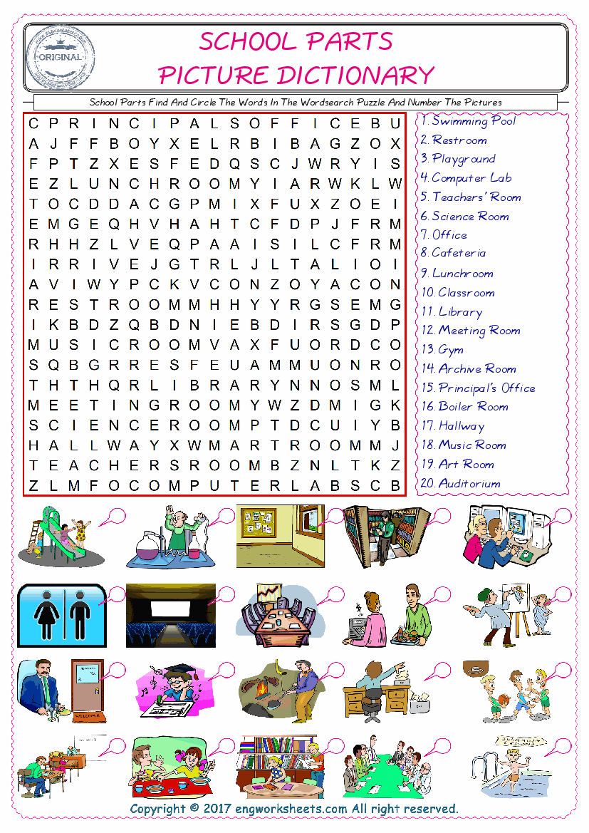  ESL wordsearch worksheets for kids, find School Parts words in the word wordsearch write its number on its picture English worksheet. 